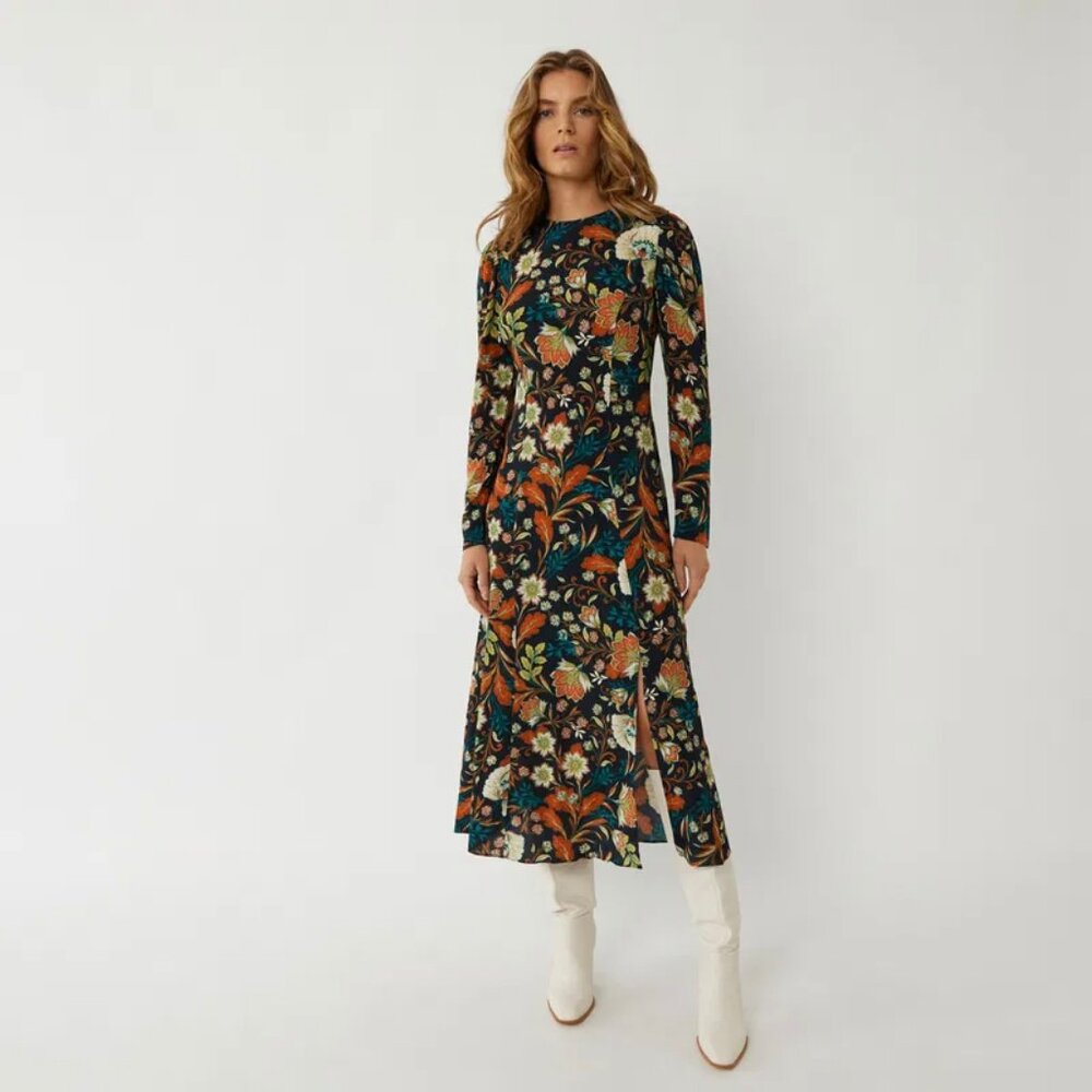 WAREHOUSE Burnt Orange Retro Floral Midi Dress UK10 / US6